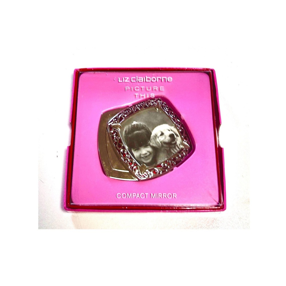 Liz Claiborne Compact Mirror Silver Red Enamel Filigree OS Silver NEW Y2K Gift
